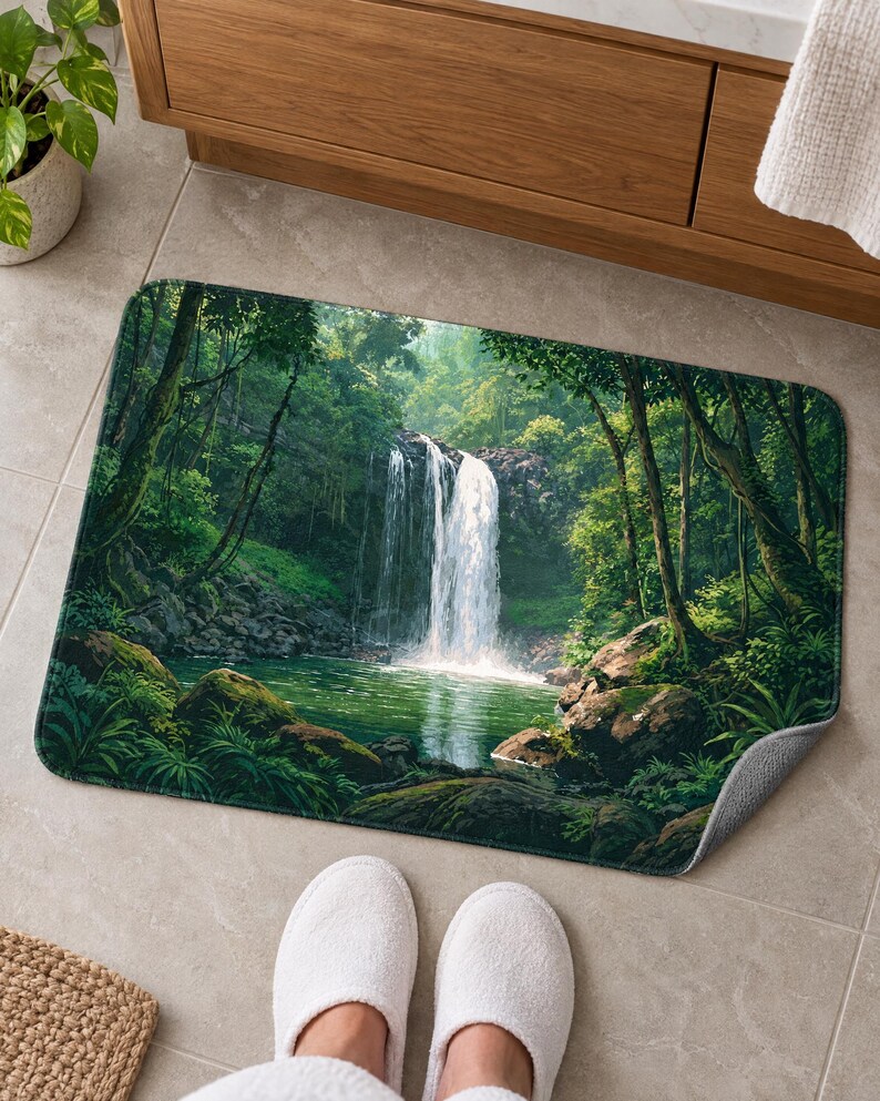 Jungle waterfall bath mat on a tiled floor by a wooden vanity and a potted plant; feet in white slippers rest on the tile in front and one corner flips up to show the gray anti-slip back.
