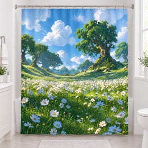Straight-on view of the whole daisy meadow shower curtain hanging in a white bathroom, showing a large tree on a green hill, smaller trees, puffy clouds and a wide field of white daisies.
