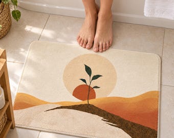 Boho Bath Mat, Minimalist Sun and Plant Art, Earth Tone Mid Century Decor — Housewarming Gift