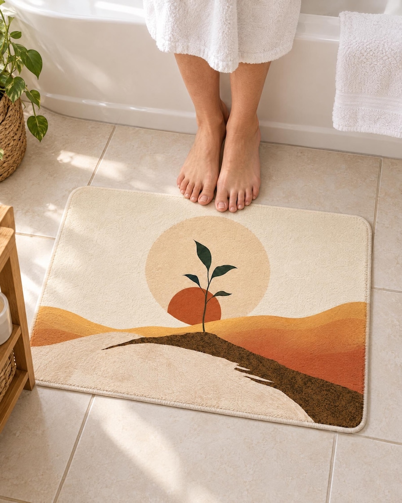 Boho sun sprout bath mat on a tiled floor in front of a white bathtub: a dark green sprout grows from a brown soil ridge before a terracotta half sun and pale circle, with ochre hills on cream; bare toes touch the top edge.