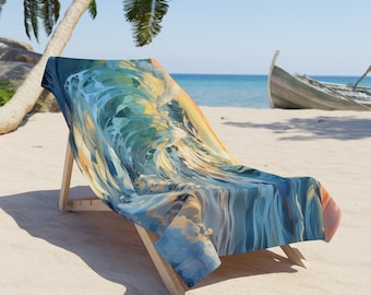 Ocean Wave Beach Towel, Watercolor Wave Art, Large 36x72 Beach Towel, Blue Teal Sunset Wave, Pool Towel for Adults, Beach House Gift