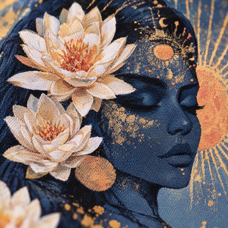 Puede incluir: Una pieza de arte textil que muestra el perfil azul oscuro de una persona adornada con grandes flores de loto de color crema. El dise&ntilde;o incluye motivos celestiales dorados, como un sol y una luna, con motas doradas sobre la piel.