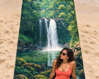 Tropical Beach Towel, Jungle Waterfall Art, Rainforest Decor — Nature Lover Gift