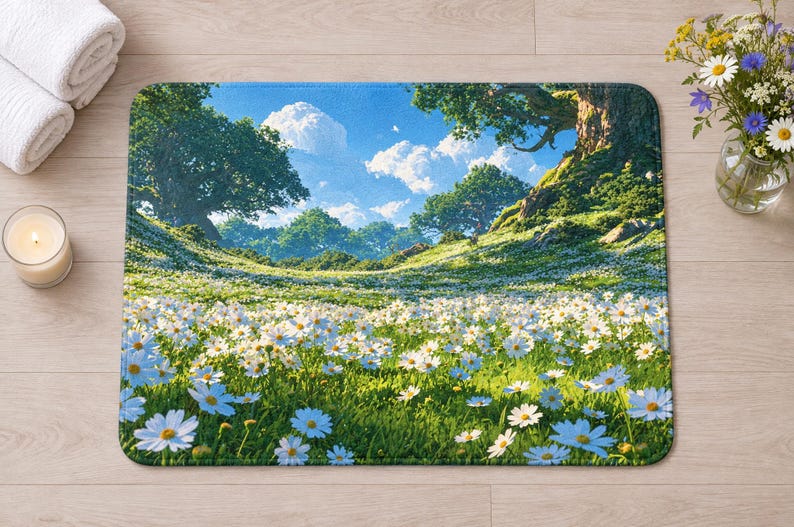 Overhead view of the whole white daisy meadow bath mat on a light wood floor, with rolled white towels, a lit candle and a small glass vase of daisies and purple wildflowers beside it.