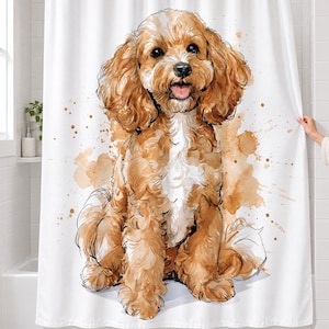 Watercolor Cavapoo shower curtain over a bathtub in a white-tiled bathroom: a large apricot puppy with a white chest sits smiling with its tongue out among tan paint splashes; a hand pulls back the right edge.