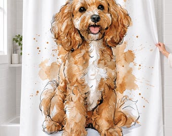 Cavapoo Dog Shower Curtain, Watercolor Puppy Art, Dog Bathroom Decor — Dog Mom Gifts