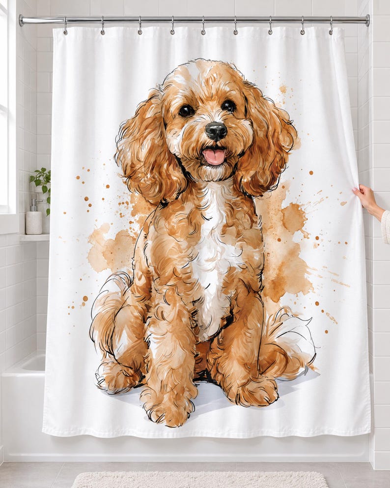 Watercolor Cavapoo shower curtain over a bathtub in a white-tiled bathroom: a large apricot puppy with a white chest sits smiling with its tongue out among tan paint splashes; a hand pulls back the right edge.