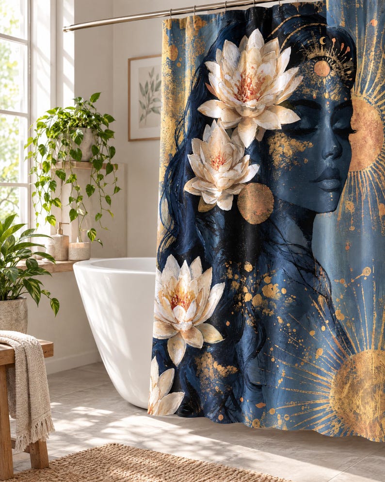 Puede incluir: Una cortina de ducha con fondo azul oscuro y una ilustraci&oacute;n de perfil de un rostro adornado con flores de loto blancas. El dise&ntilde;o incluye patrones de rayos de sol dorados y salpicaduras de pintura dorada sobre la tela.