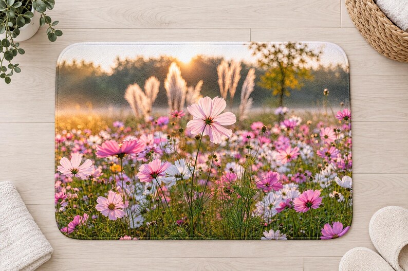Peut inclure: Un tapis de bain rectangulaire pr&eacute;sentant une impression photographique haute r&eacute;solution d'une prairie fleurie de cosmos roses et blancs. La sc&egrave;ne est &eacute;clair&eacute;e par un lever de soleil dor&eacute;, avec des herbes hautes et des arbres en arri&egrave;re-plan.