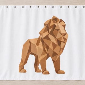 May include: A white rectangular curtain featuring a geometric lion illustration composed of various shades of brown triangles. The curtain has a series of silver metal grommets along the top edge for hanging, creating a clean and structured appearance.