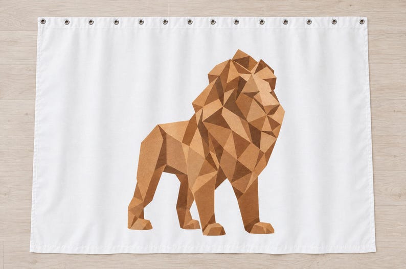 May include: A white rectangular curtain featuring a geometric lion illustration composed of various shades of brown triangles. The curtain has a series of silver metal grommets along the top edge for hanging, creating a clean and structured appearance.