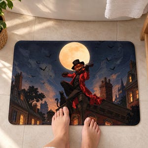 Pumpkin head violin bath mat on a tiled bathroom floor in front of a white bathtub: a pumpkin-headed figure in a top hat and red coat plays violin on a rooftop under a full moon with bats; two bare feet step onto the front edge.
