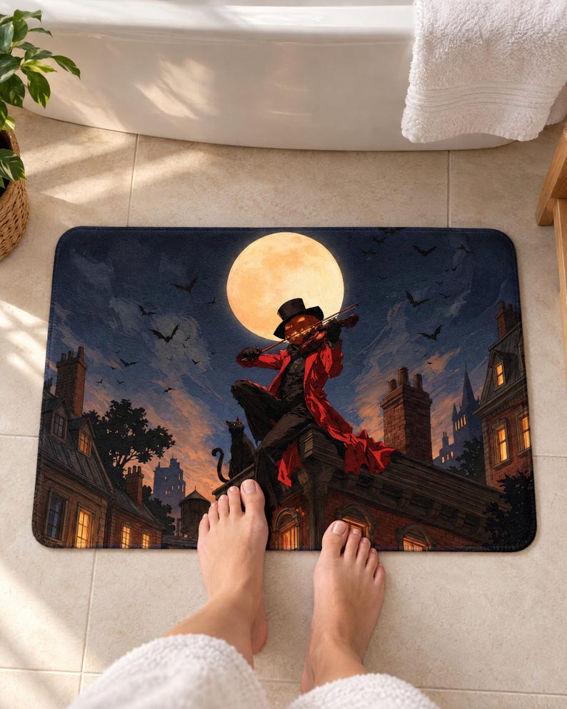 Pumpkin head violin bath mat on a tiled bathroom floor in front of a white bathtub: a pumpkin-headed figure in a top hat and red coat plays violin on a rooftop under a full moon with bats; two bare feet step onto the front edge.