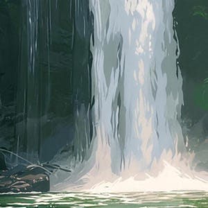 Close-up of the printed design on the shower curtain: the white waterfall crashing into the green pool in soft painted strokes beside dark rock.