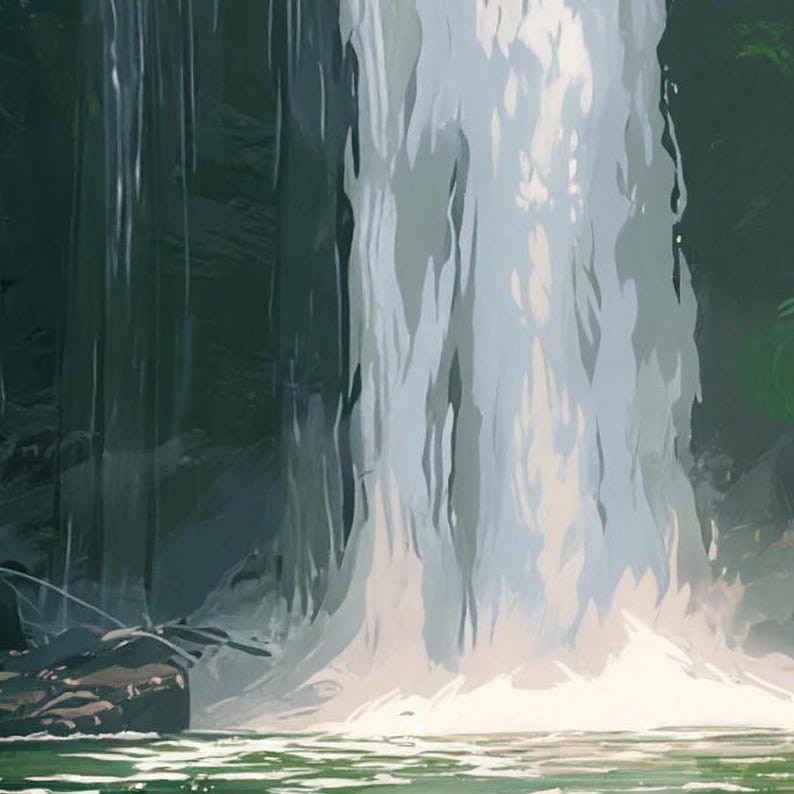 Close-up of the printed design on the shower curtain: the white waterfall crashing into the green pool in soft painted strokes beside dark rock.