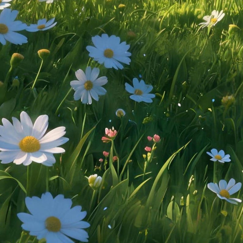 Close-up of the printed design on the shower curtain: white daisies with yellow centers and small pink buds scattered in deep green grass.