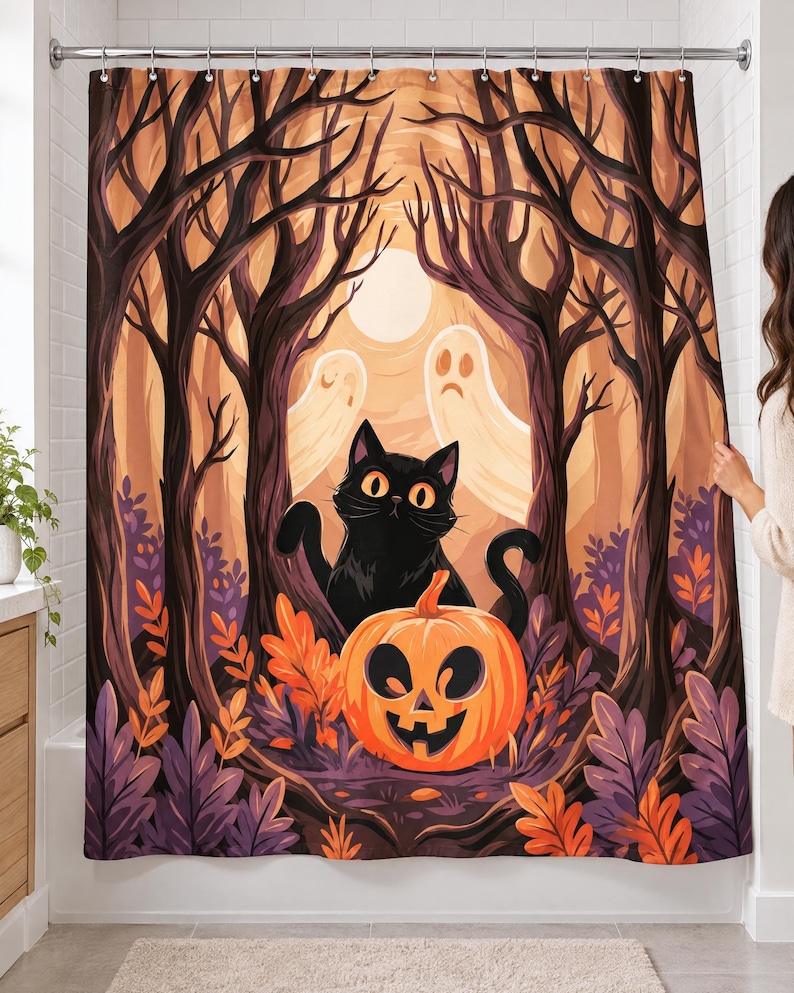 Black cat ghost moon shower curtain hanging over a bathtub in a white-tiled bathroom, showing a jack-o'-lantern, bare twisted trees and autumn leaves; a woman's hand pulls back the right edge.