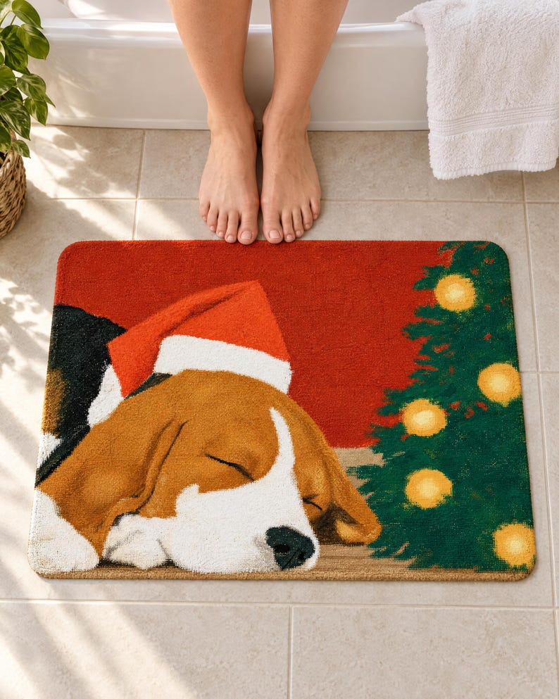 Bath mat with a painted beagle asleep in a red-and-white Santa hat beside a small Christmas tree with glowing lights on a red wall, on a tiled floor by a tub with bare feet beside it.