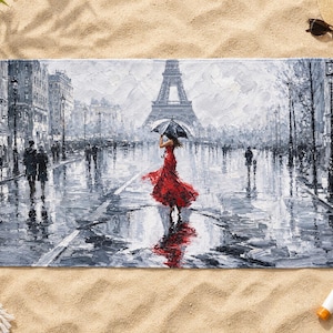 Paris Beach Towel, Rainy Eiffel Tower Red Dress Art, Impasto Art Print — Travel Lover Gift bild 3