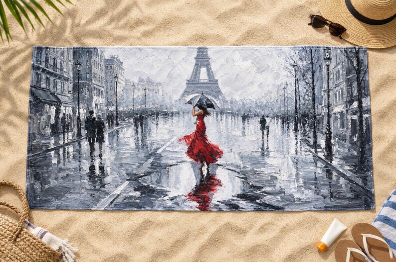 Paris Beach Towel, Rainy Eiffel Tower Red Dress Art, Impasto Art Print — Travel Lover Gift bild 3