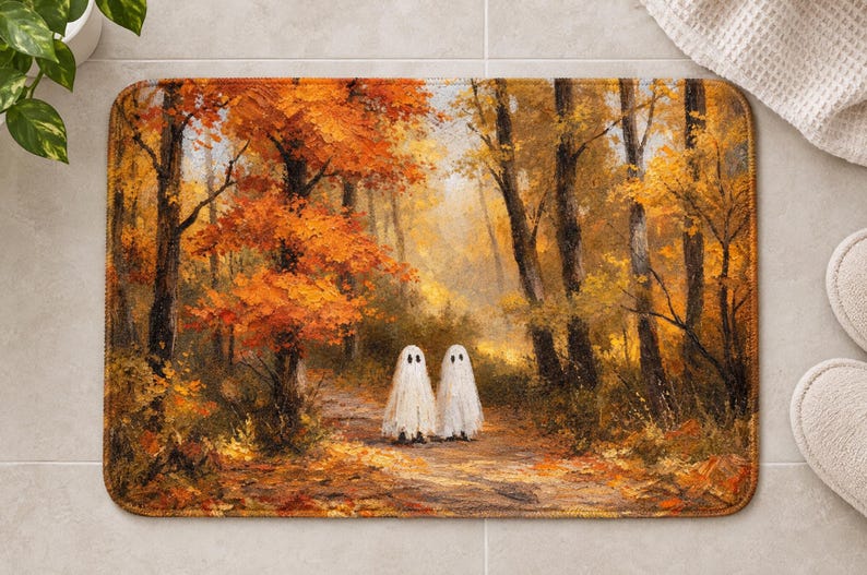 Puede incluir: Una alfombrilla de ba&ntilde;o rectangular con un estampado al estilo de pintura al &oacute;leo de dos fantasmas blancos de pie en un sendero forestal rodeado de &aacute;rboles oto&ntilde;ales de color naranja y amarillo con hojas ca&iacute;das en el suelo.