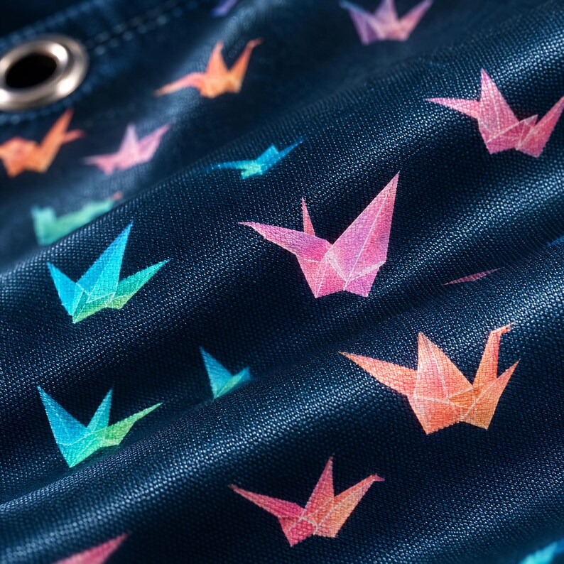 Pu&ograve; includere: Un tessuto blu scuro con un motivo ripetuto di gru origami colorate nelle tonalit&agrave; del rosa, arancione e turchese. Il materiale presenta una trama visibile e include un singolo occhiello metallico nell'angolo in alto a sinistra dell'immagine.