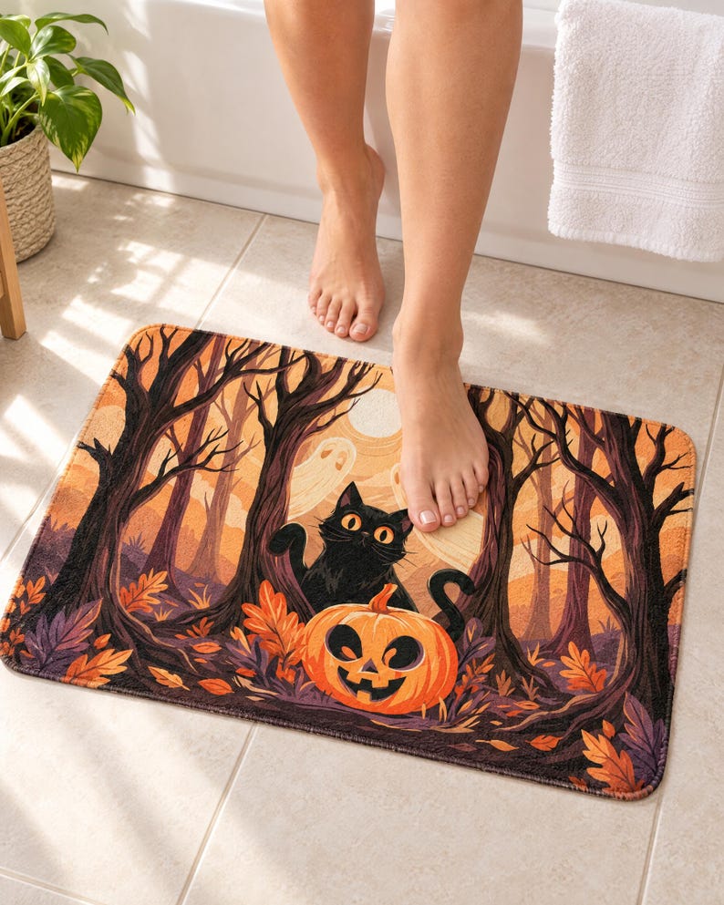 Black cat and jack-o'-lantern bath mat with ghosts, a full moon and bare autumn trees on a tiled bathroom floor in front of a white bathtub with a towel on its edge; one bare foot steps onto the mat.
