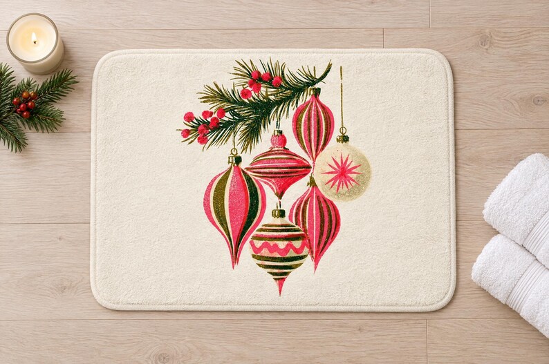 Overhead view of the whole retro ornament bath mat on a light wood floor, with a lit candle and a berry pine sprig on one side and rolled white towels on the other.