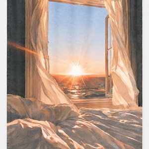 May include: A rectangular wall tapestry featuring a printed illustration of an open window overlooking a sunset over the ocean. White sheer curtains blow inward, and a rumpled white bedspread is visible in the foreground under golden light.