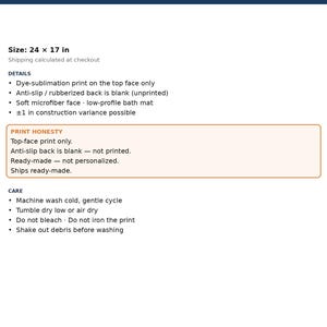 Size and care card for the 24 x 17 inch bath mat: top-face print only, blank anti-slip back, soft microfiber face, machine wash cold, tumble dry low or air dry, no bleach, ready-made.
