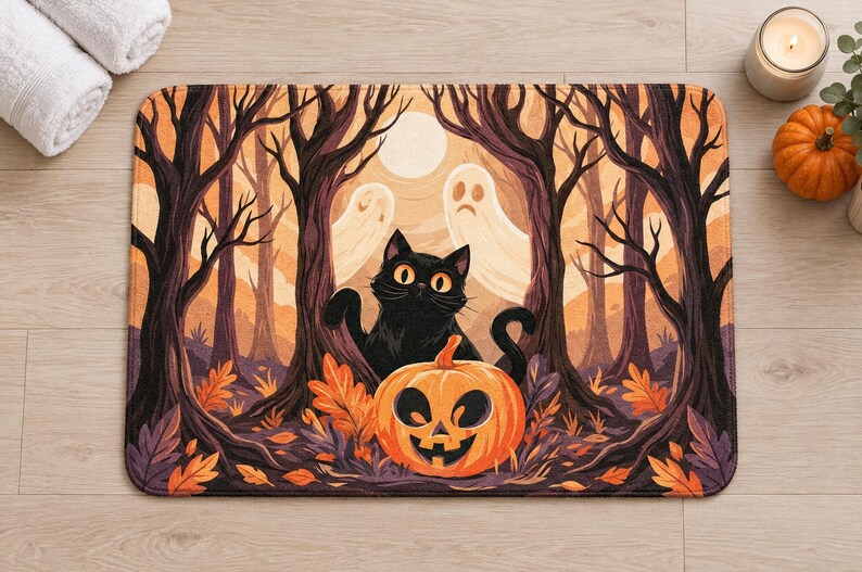 Overhead view of the whole black cat jack-o'-lantern bath mat on a light wood floor, with rolled white towels, a lit candle, a small pumpkin and a plant placed beside it.