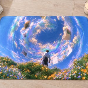 Overhead view of the whole swirling cloud sky bath mat on a light wood floor, with rolled white towels, a lit candle and a small glass vase of daisies and wildflowers beside it.