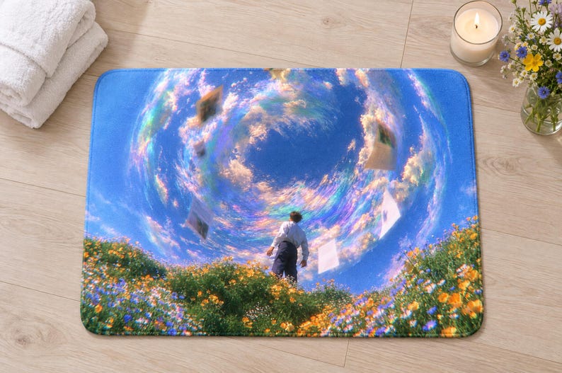 Overhead view of the whole swirling cloud sky bath mat on a light wood floor, with rolled white towels, a lit candle and a small glass vase of daisies and wildflowers beside it.