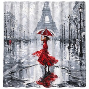 May include: A shower curtain featuring a black and white painting of a Parisian street scene with the Eiffel Tower in the background. A figure in a vibrant red dress holds a matching red umbrella while standing in a rain-filled puddle.