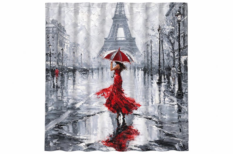 May include: A shower curtain featuring a black and white painting of a Parisian street scene with the Eiffel Tower in the background. A figure in a vibrant red dress holds a matching red umbrella while standing in a rain-filled puddle.