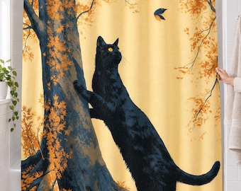 Fall Shower Curtain, Cat in Autumn Tree Art, Cozy Cat Lover Decor — Cat Mom Gift