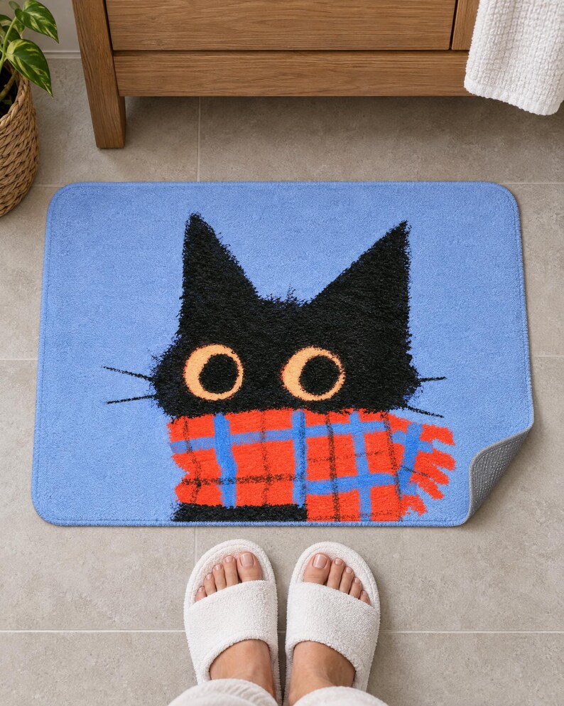 Plaid scarf black cat bath mat in front of a wood vanity, one corner turned up to show the gray anti-slip back, with white slippers below.