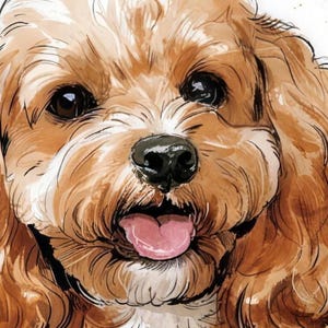 Close-up of the printed design on the beach towel: the Cavapoo's face with dark eyes, a black nose, pink tongue and wavy apricot fur drawn in loose ink lines and washes.