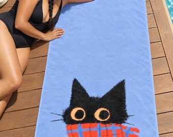 Black Cat Beach Towel, Plaid Scarf Winter Cat Art, Cute Cat Lover Decor — Cat Mom Gift