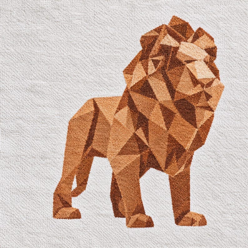 May include: A geometric lion illustration rendered in shades of brown and tan, featuring a faceted, angular design. The lion is depicted in a standing profile position against a textured, off-white fabric background with visible weave patterns.