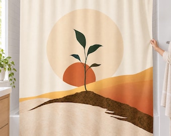 Boho Sun Shower Curtain, Minimalist Sun and Plant Art, Earth Tone Mid Century Decor — Housewarming Gift