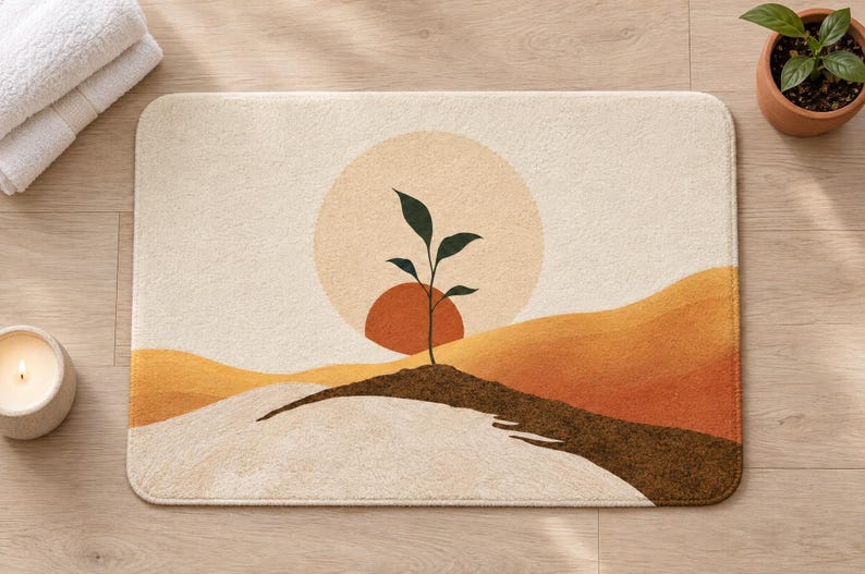 Overhead view of the whole boho sun sprout bath mat on a light wood floor, with rolled white towels, a lit candle and a small potted plant in a terracotta pot beside it.
