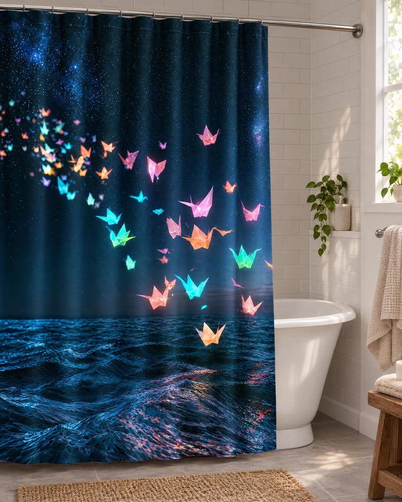 Pu&ograve; includere: Una tenda da doccia che raffigura un cielo notturno blu scuro pieno di stelle sopra un oceano blu profondo. Numerose gru origami luminose e multicolori, nelle tonalit&agrave; del rosa, arancione, giallo e turchese, sono sparse sulla scena, sembrando volare dal cielo verso la superficie dell'acqua.