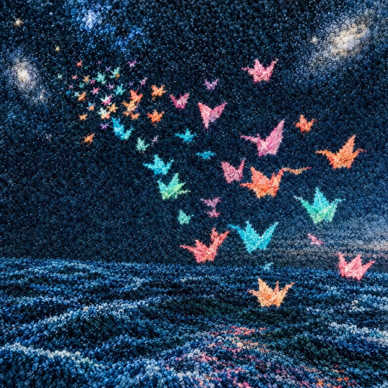 May include: A textured rug featuring a deep blue night sky filled with swirling galaxies and stars, with a flock of colourful origami cranes in shades of pink, orange, and teal flying across the dark surface towards a textured blue ocean.