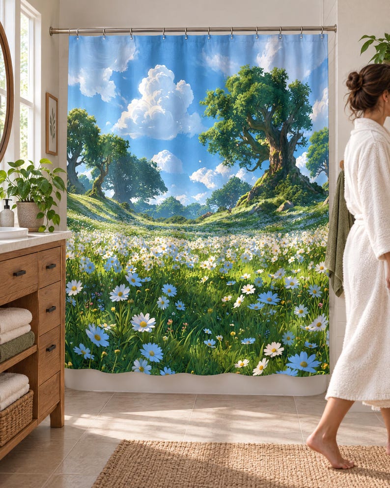 Wider view of a bright bathroom with the daisy meadow shower curtain closed across the tub, a wooden vanity with folded towels to the left and a woman in a white robe walking past barefoot on a woven rug.