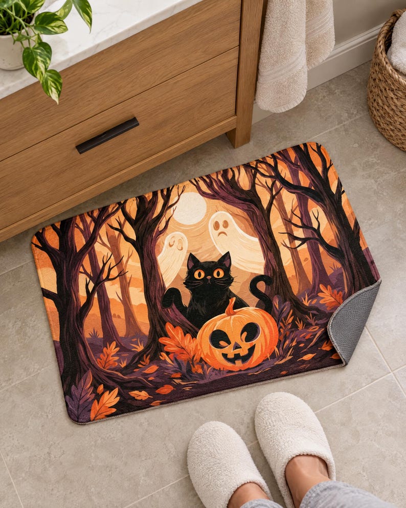 Halloween black cat bath mat on a tiled floor beside a wooden vanity, with a person in white slippers standing at its edge; one corner is flipped up to show the plain gray anti-slip back.