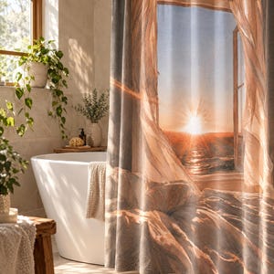 May include: A shower curtain featuring a printed image of an open window looking out onto a sunset over the ocean. The curtain displays a grey frame with flowing curtains and a bright orange sun reflecting on the water, hanging from a metal rod.