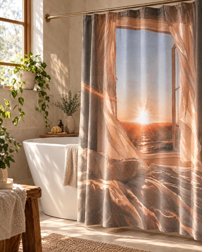 May include: A shower curtain featuring a printed image of an open window looking out onto a sunset over the ocean. The curtain displays a grey frame with flowing curtains and a bright orange sun reflecting on the water, hanging from a metal rod.