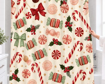 Candy Cane Christmas Shower Curtain, Peppermint Christmas Bathroom Decor, Holly Berry and Bow Print — Hostess Gift
