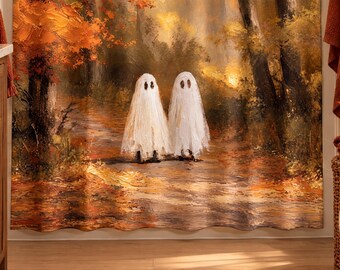 Halloween Shower Curtain, Cute Ghost Fall Shower Curtain, Sheet Ghost Autumn Forest Bathroom Decor, Spooky Cute Bath Art